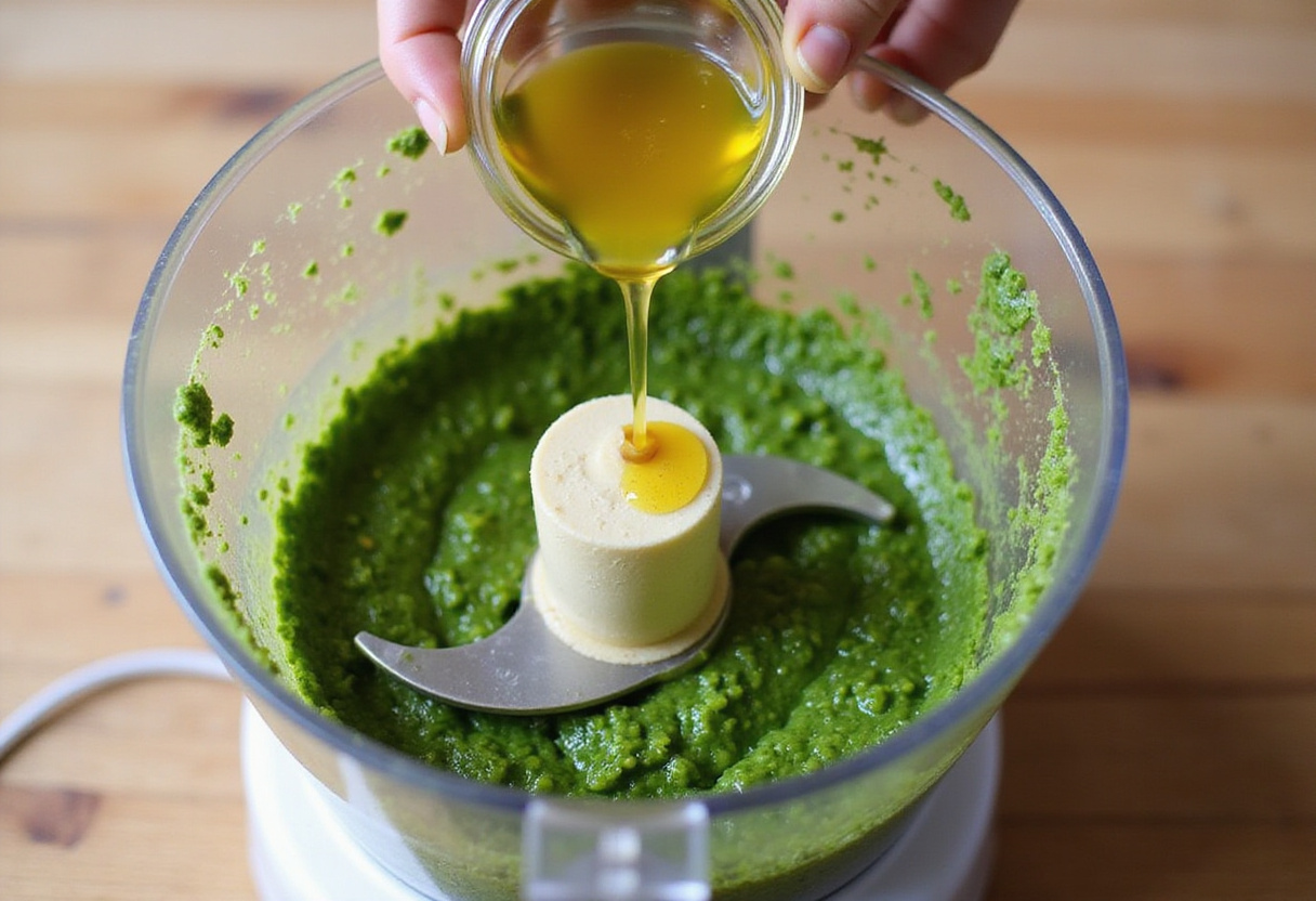 Homemade creamy pesto preparation in a food processor for chicken delight recipe.