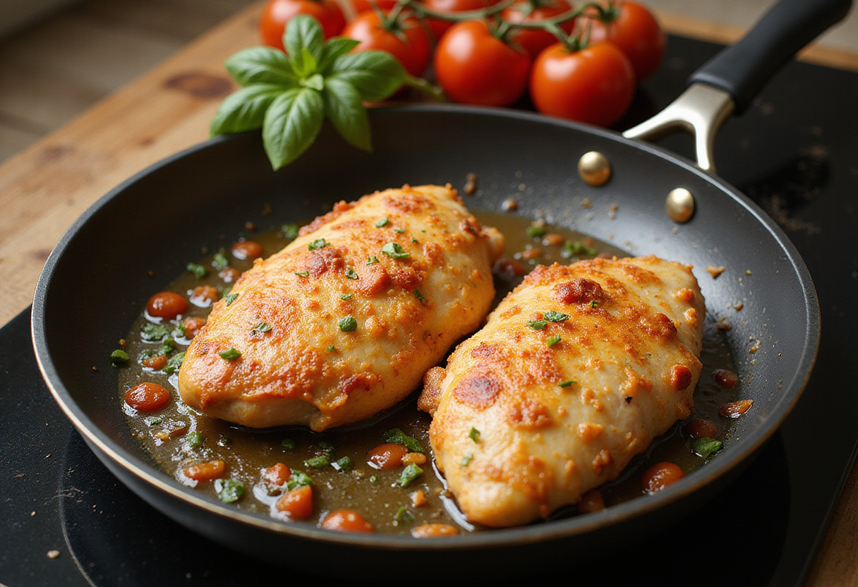 Sautéing chicken breasts for creamy pesto chicken delight recipe with fresh ingredients.