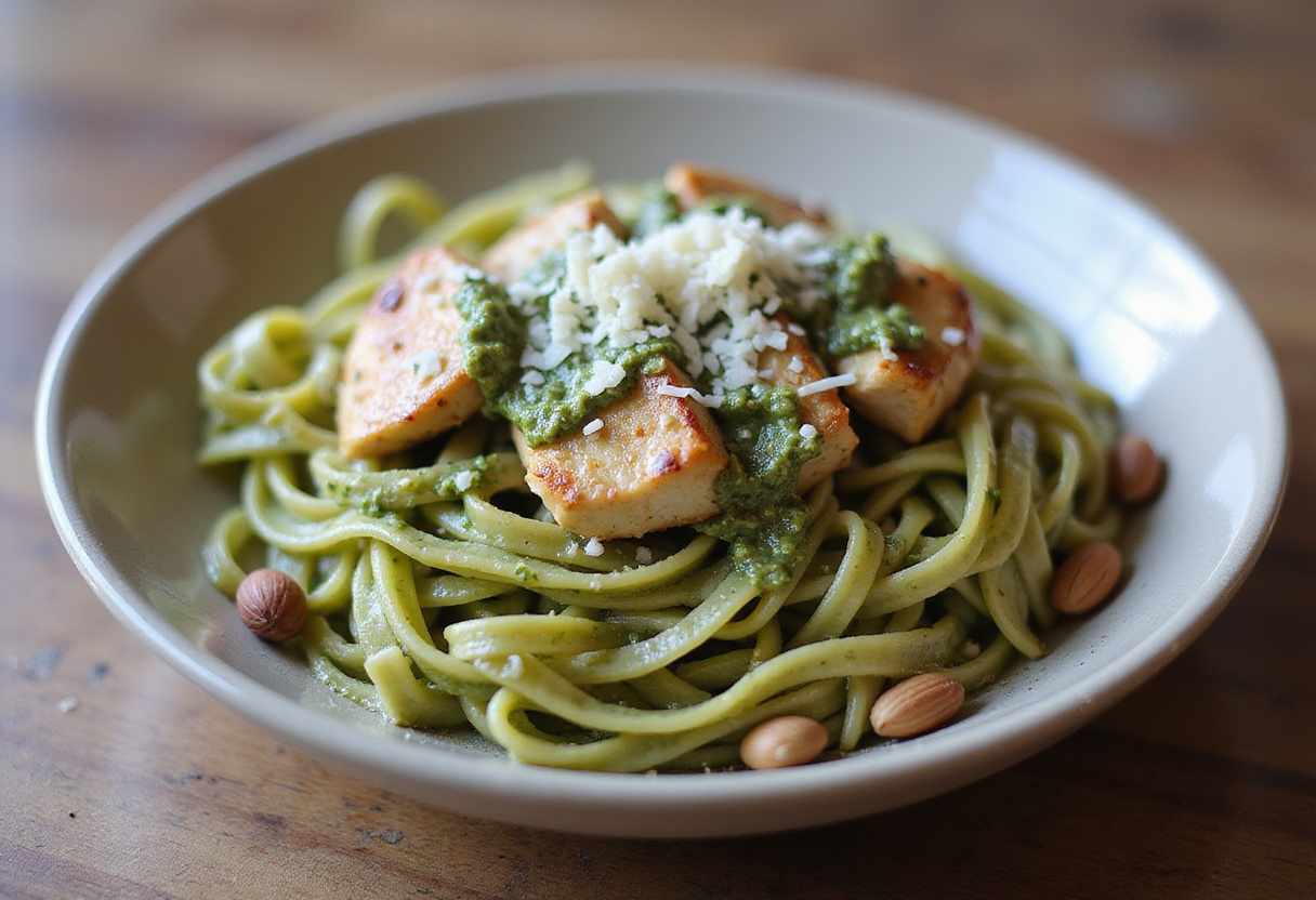 Pasta served with creamy pesto chicken, a delicious chicken delight dish ready to enjoy.