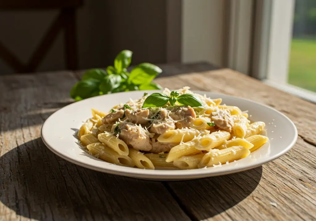 Final presentation of Creamy Tuscan Chicken Penne, showcasing the creamy sauce, chicken, and pasta with vibrant colors, perfect for appetizing images.
