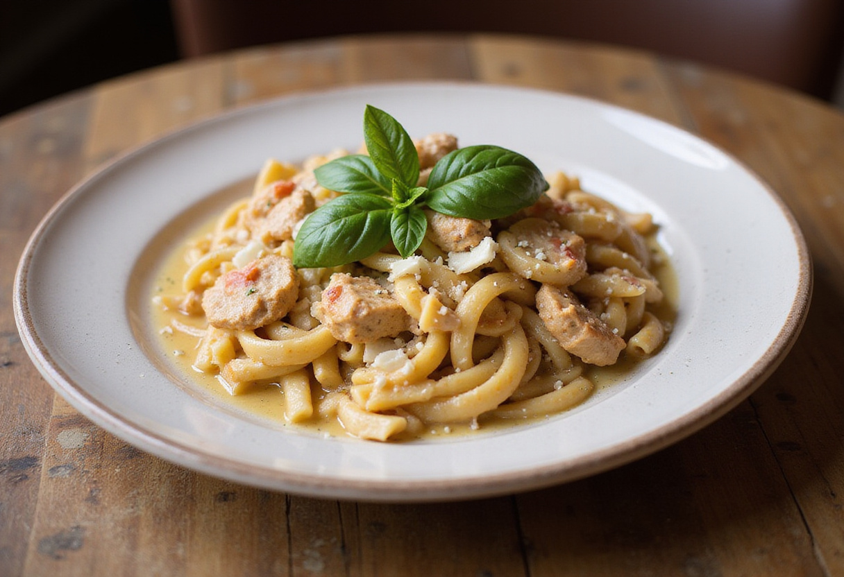 Final presentation of Creamy Tuscan Chicken Penne, showcasing the creamy sauce, chicken, and pasta with vibrant colors, perfect for appetizing images.