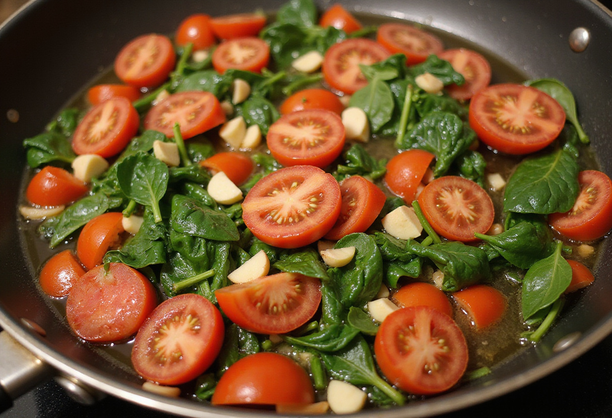 Sautéing fresh tomatoes, garlic, and spinach in olive oil for Creamy Tuscan Chicken Penne, a flavorful Italian dish.