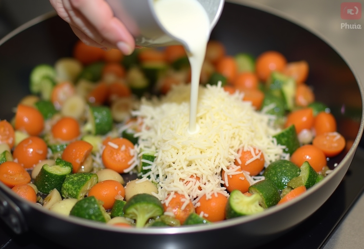 Creating a rich and creamy sauce with heavy cream and parmesan for Creamy Tuscan Chicken Penne, enhancing flavors in the dish.