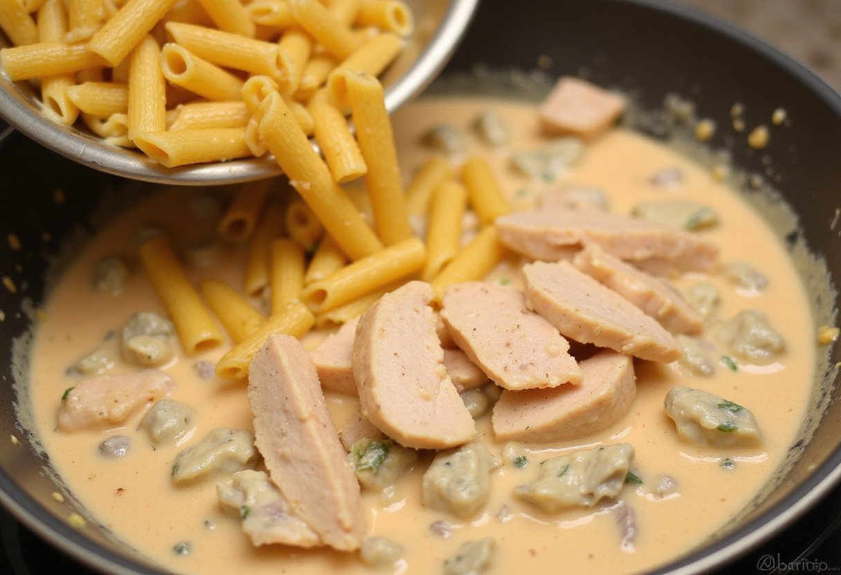 Mixing cooked penne pasta with creamy Tuscan sauce and chicken for Creamy Tuscan Chicken Penne, combining textures and flavors.