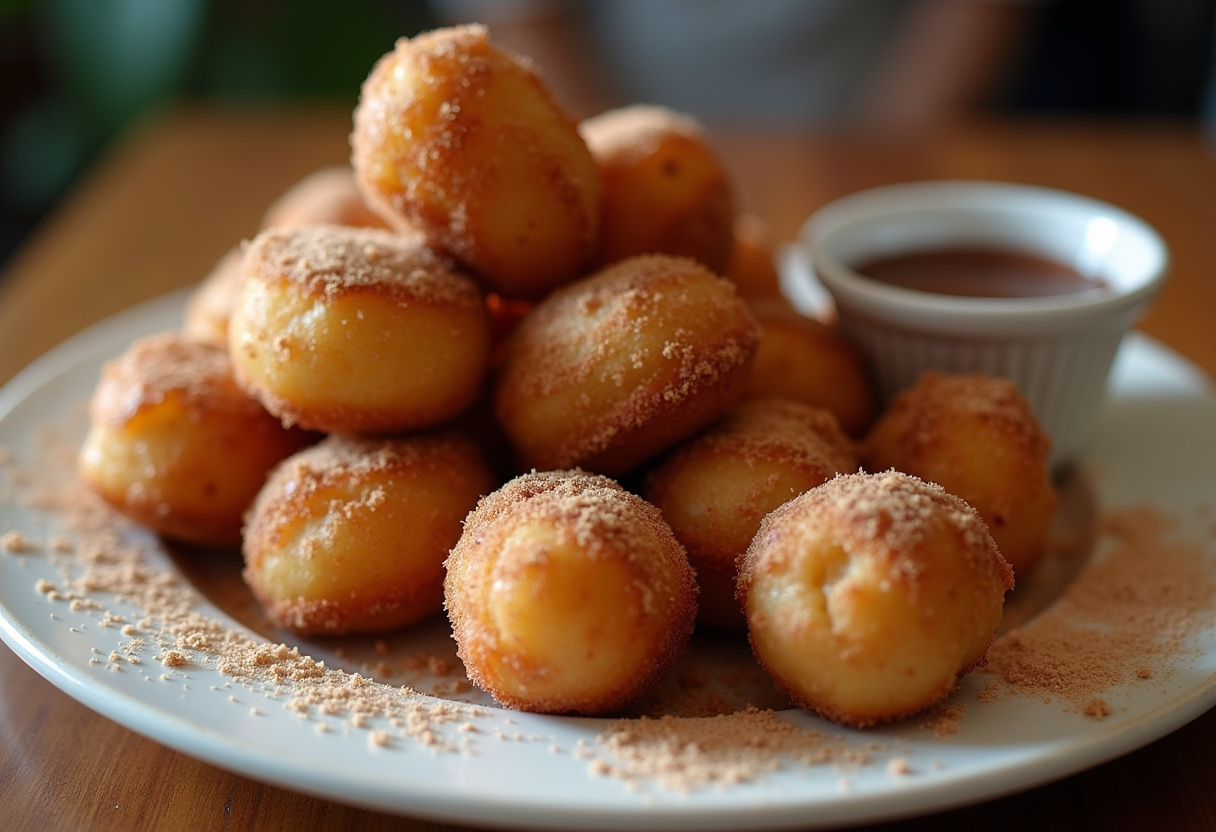 Delicious crispy air fryer churro bites served with chocolate sauce, the perfect treat for sweet lovers.
