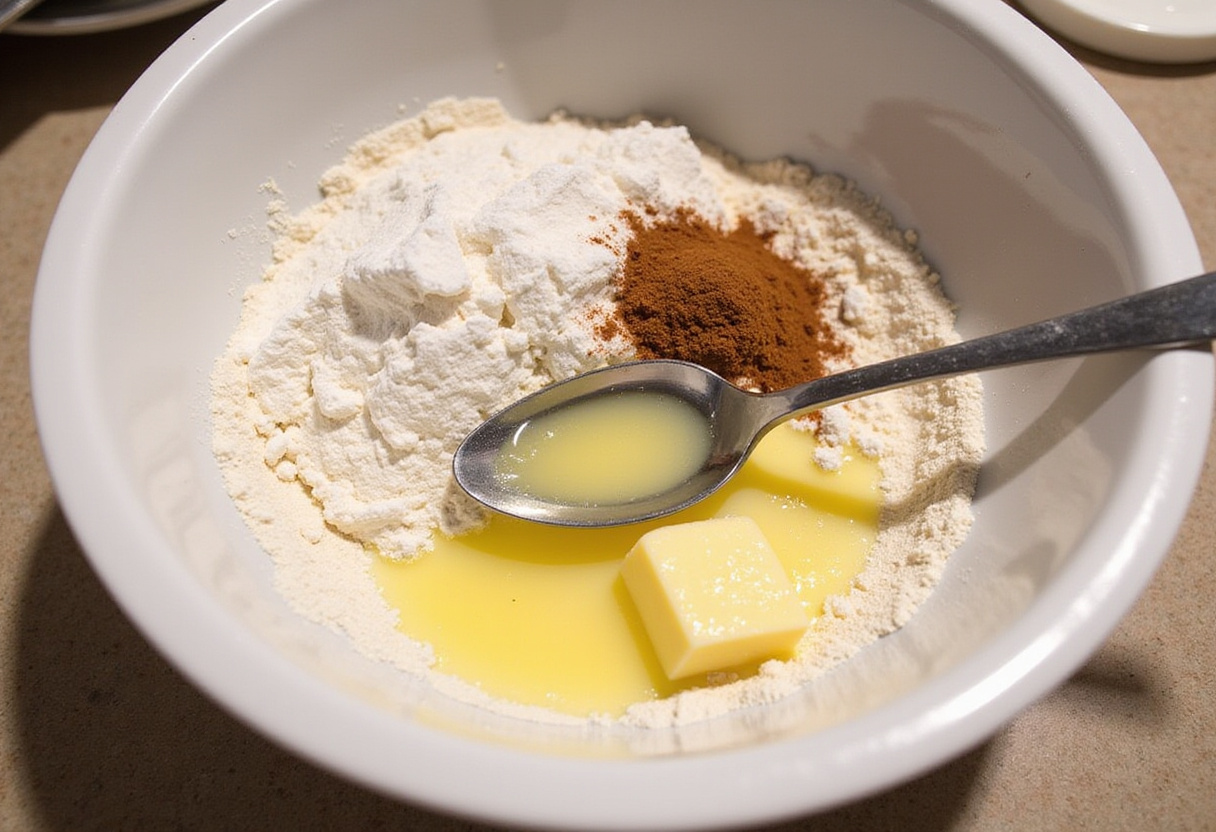 Mixing flour, sugar, and cinnamon for crispy air fryer churro bites preparation, a key step in a delightful dessert recipe.