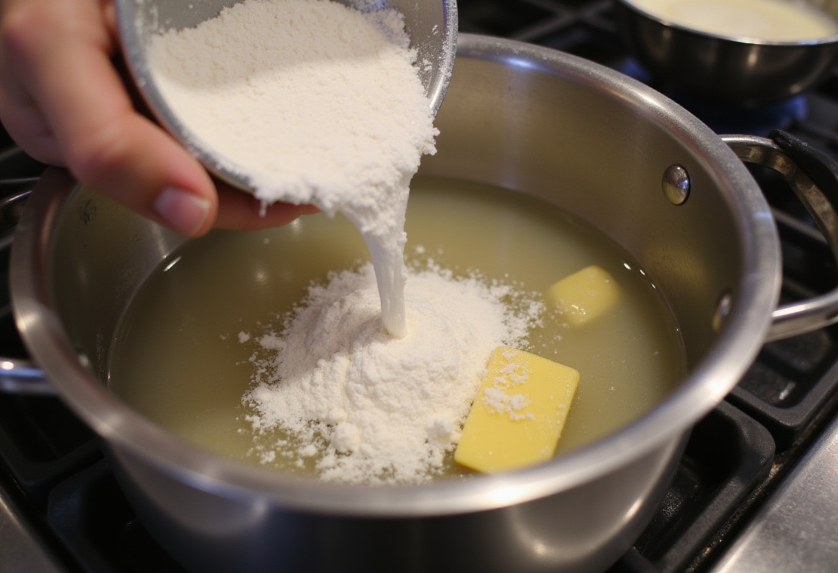 Preparing churro dough by boiling water and butter, essential for creating delicious crispy air fryer churro bites.