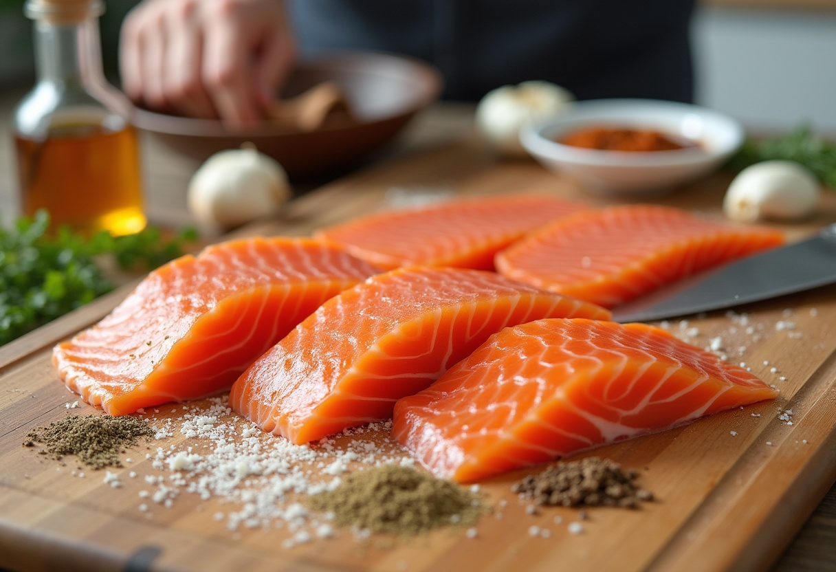 Crispy Air Fryer Honey Garlic Salmon Bites - preparing fresh salmon fillets and ingredients for flavorful bites.