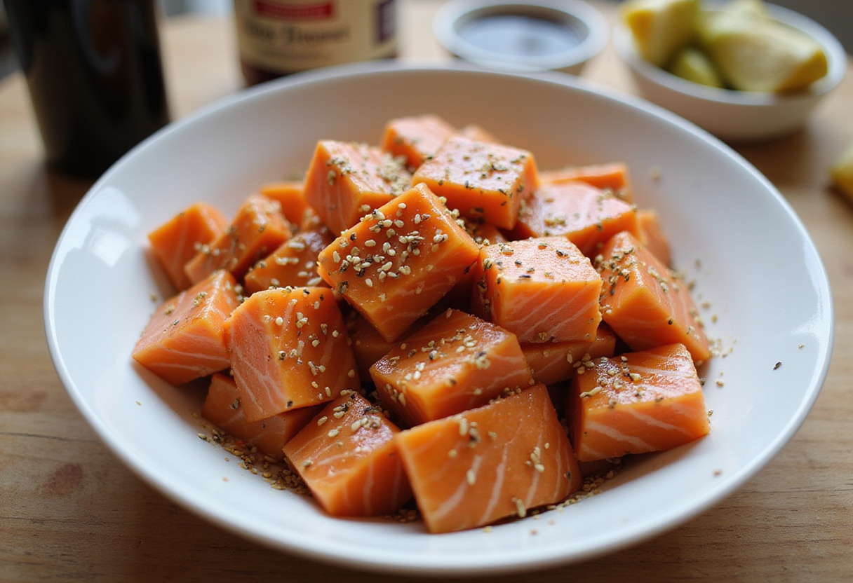Crispy Air Fryer Honey Garlic Salmon Bites - mixing salmon with garlic, honey, and soy sauce for a delicious marinade.