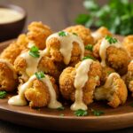 Delicious crispy baked cauliflower bites with garlic sauce served on a plate, a perfect healthy appetizer or snack.