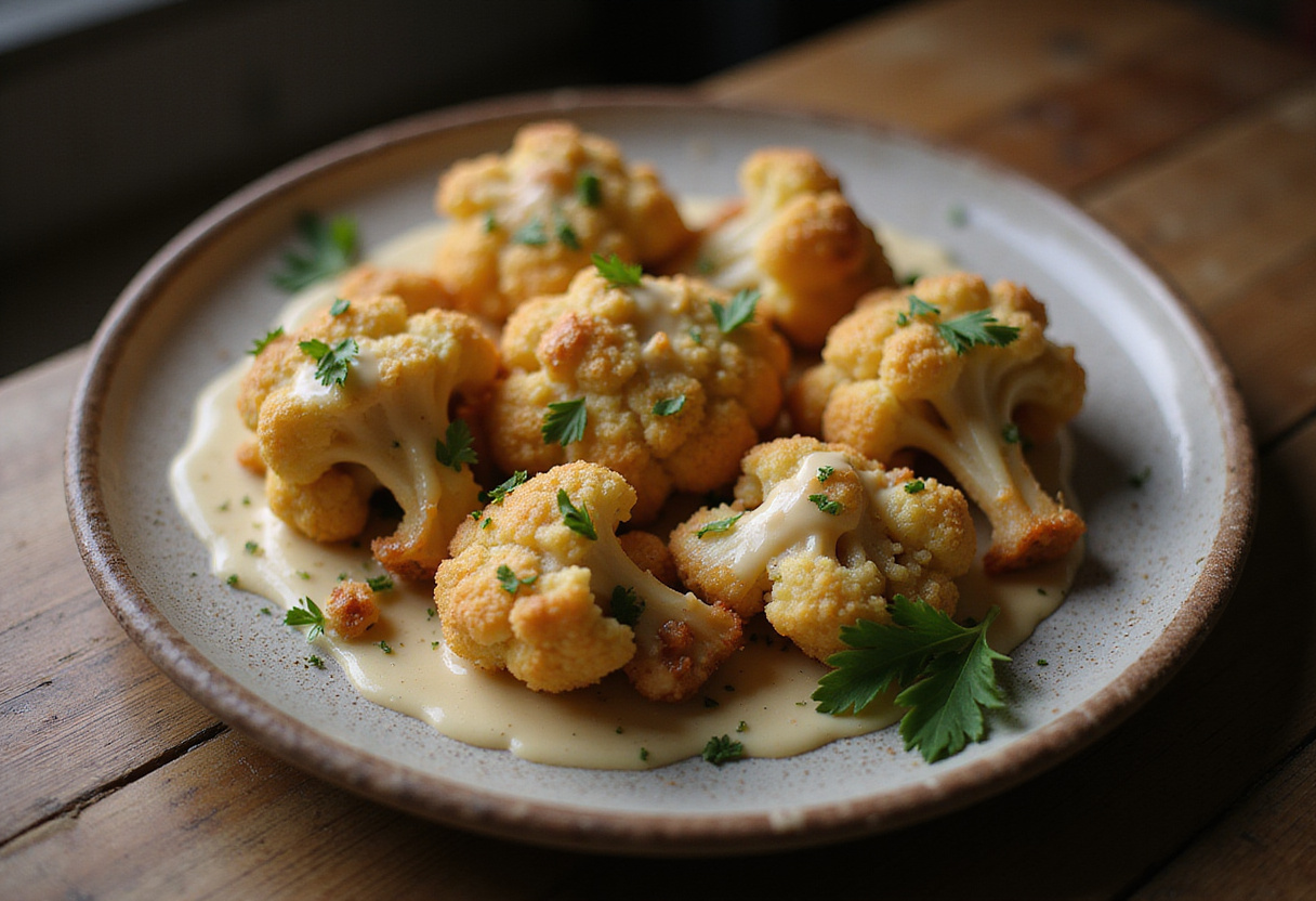 Delicious crispy baked cauliflower bites with garlic sauce served on a plate, a perfect healthy appetizer or snack.