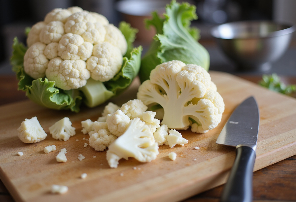 Fresh cauliflower florets being cut for crispy baked cauliflower bites, healthy cooking preparation.