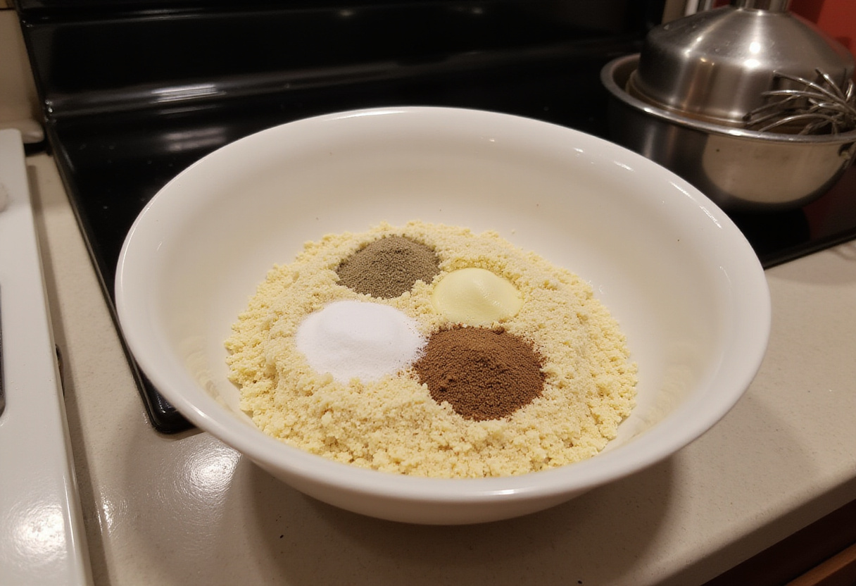 Preparing a flavorful coating mixture for baked cauliflower bites with garlic and spices, easy recipe step.