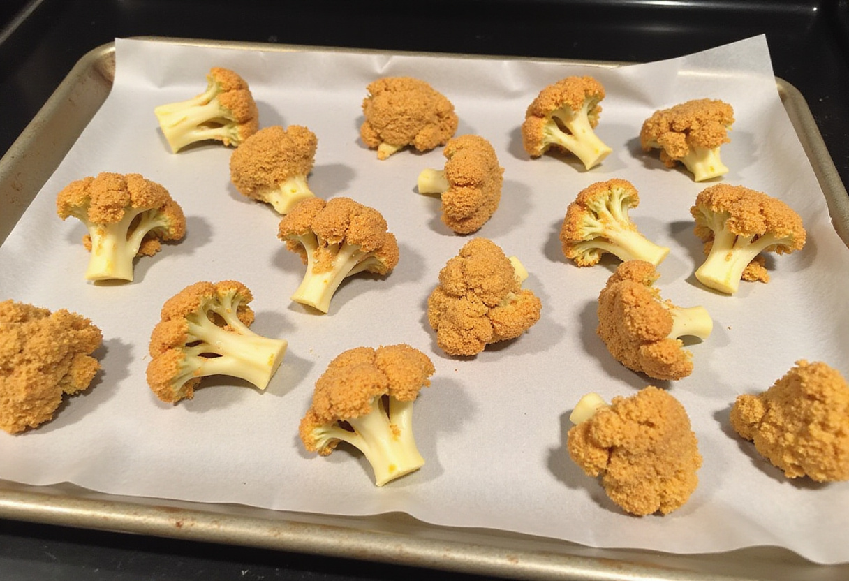 Cauliflower bites coated in garlic seasoning on a baking sheet, ready for baking, healthy snack preparation.