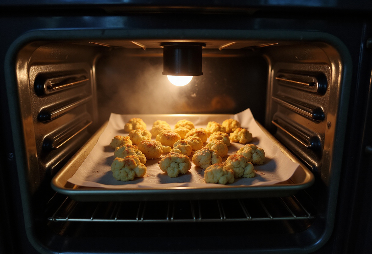 Crispy baked cauliflower bites in the oven, showing cooking process for a delicious healthy appetizer.