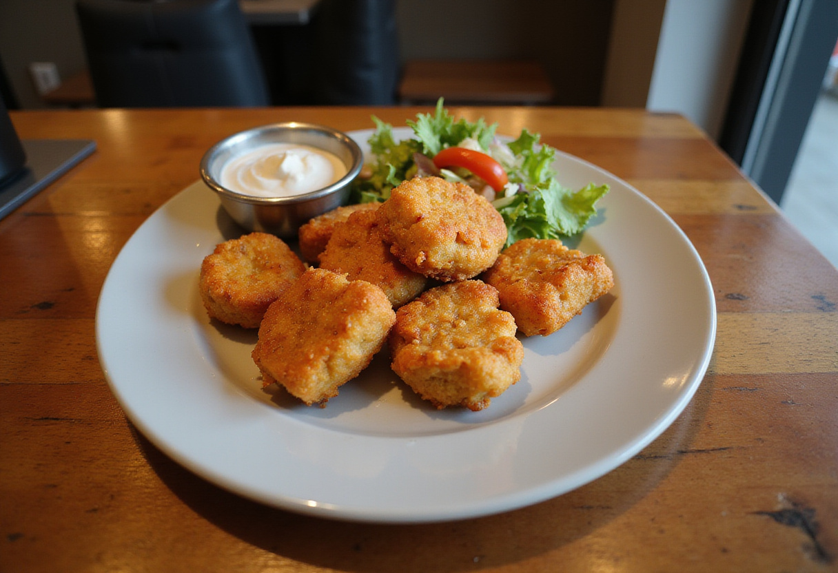 Final presentation of crispy Bang Bang salmon bites on a rustic wooden table alongside a garden salad and dipping sauce, showcasing a delightful meal.