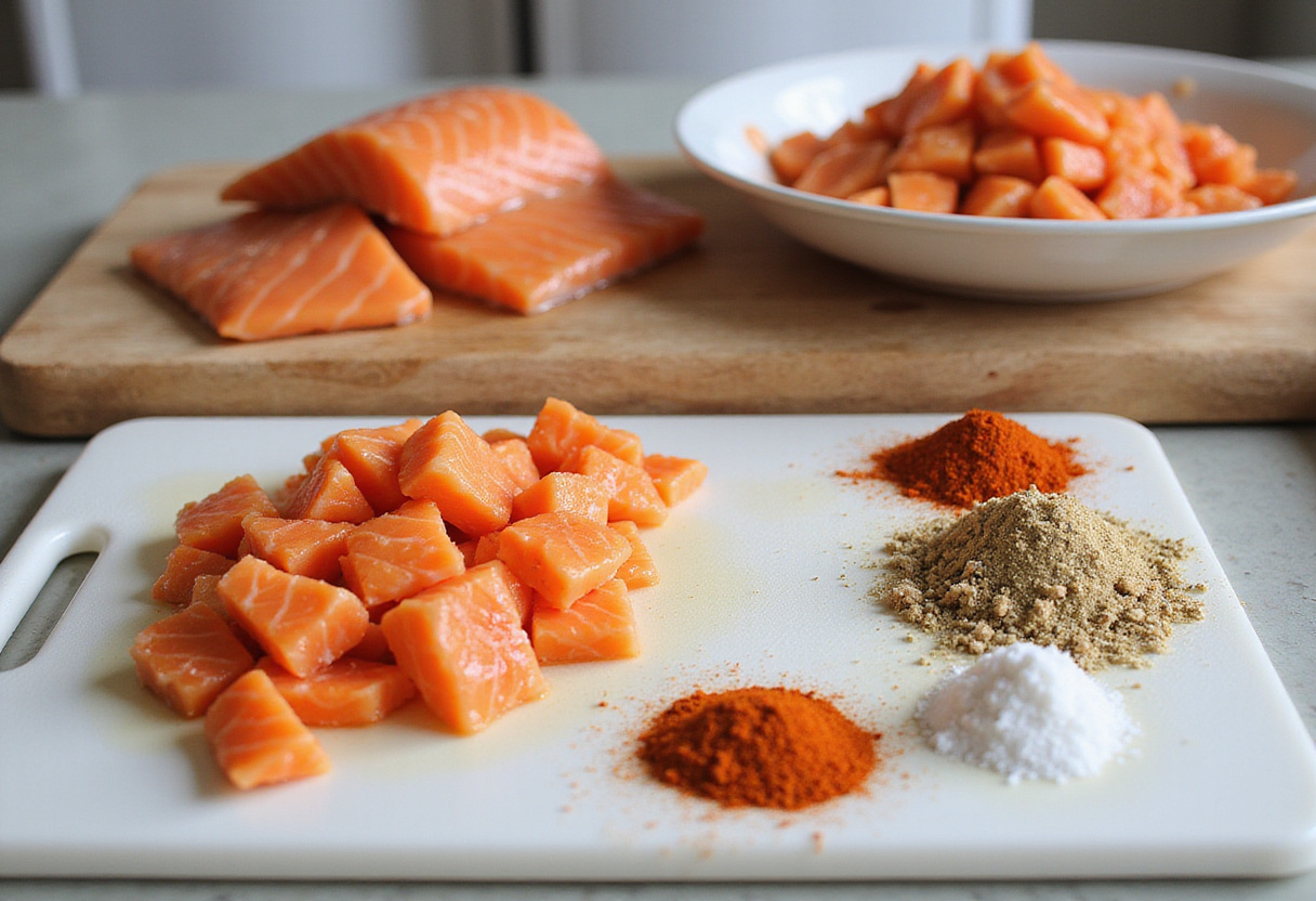 Ingredients and preparation for crispy Bang Bang salmon bites with fresh salmon fillets, seasonings, and a vibrant kitchen backdrop.