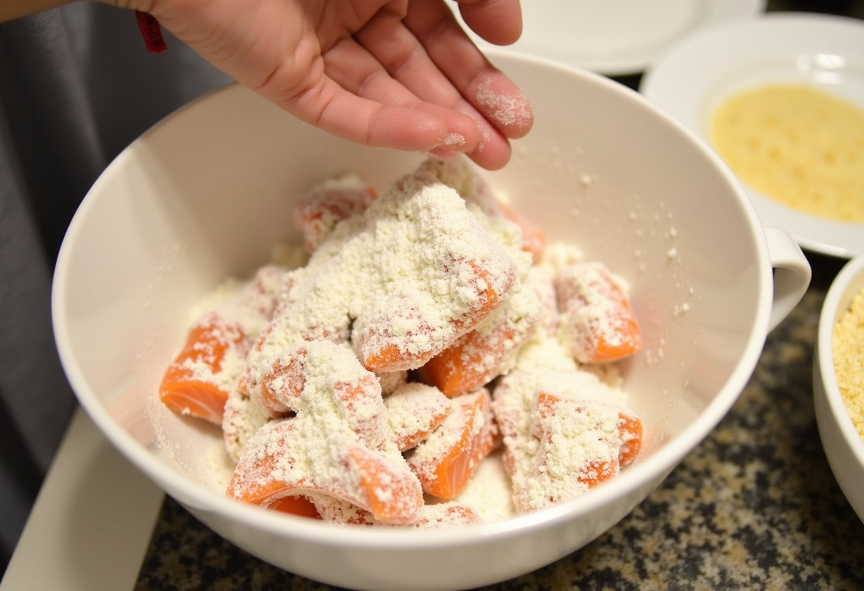 The process of coating salmon bites in flour for crispy Bang Bang salmon bites, highlighting the use of panko breadcrumbs for a perfect crunch.