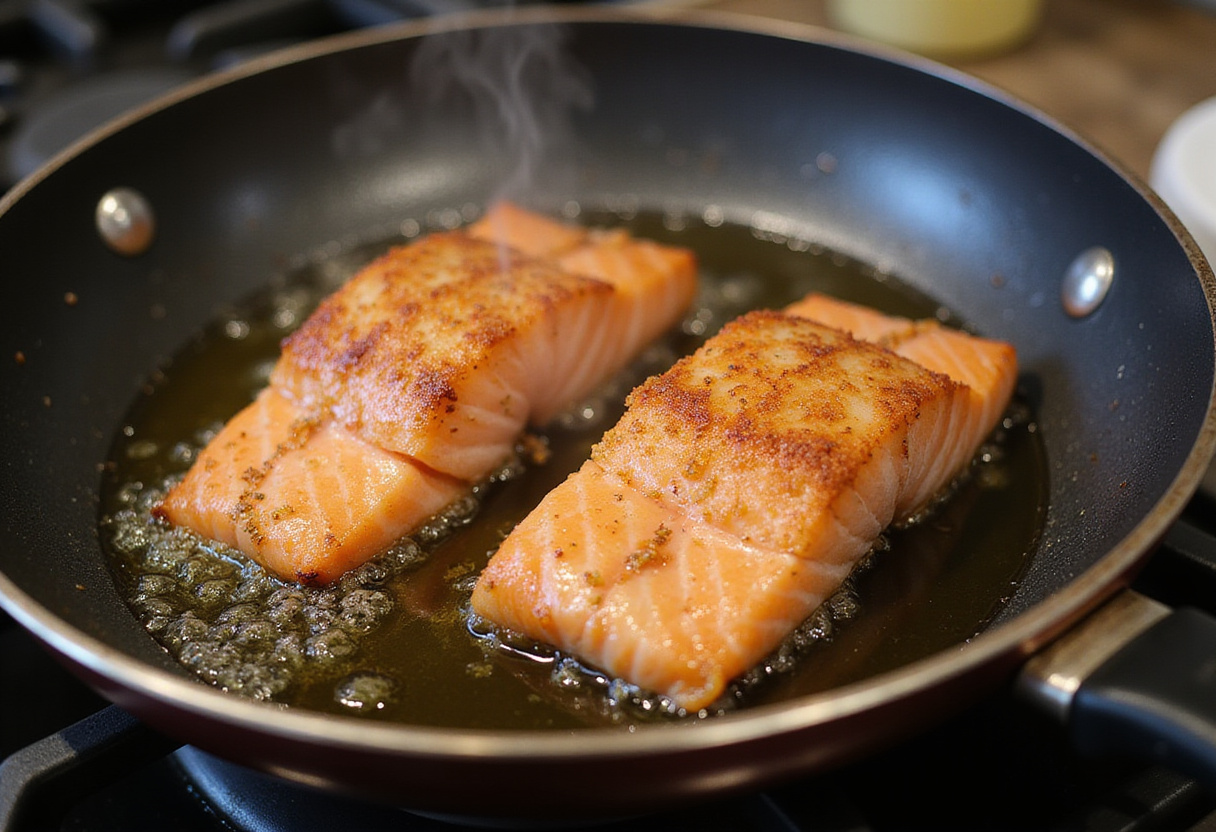 Frying the coated salmon bites in a hot skillet, capturing the crispy texture and golden brown color of Bang Bang salmon bites as they cook.