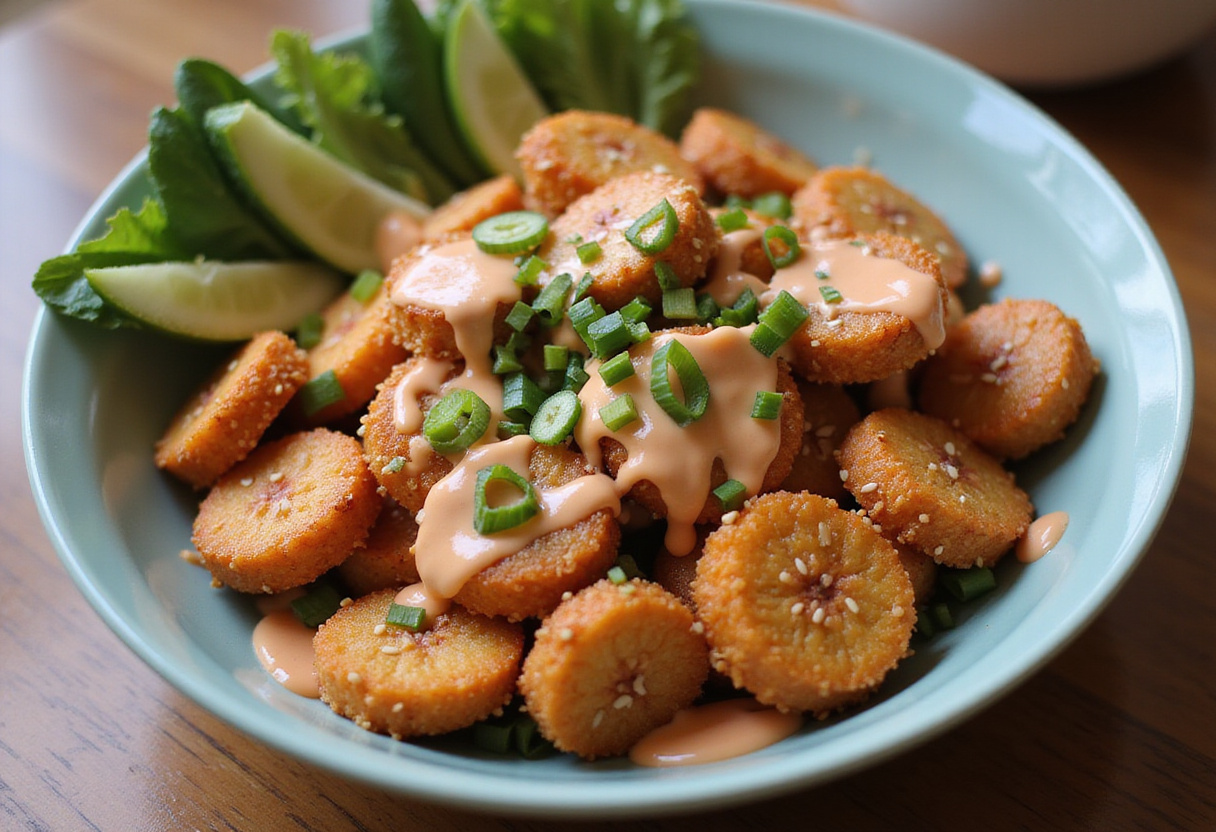 Serving irresistible crispy Bang Bang salmon bites topped with creamy sauce and garnished with green onions, perfect for an appetizer.