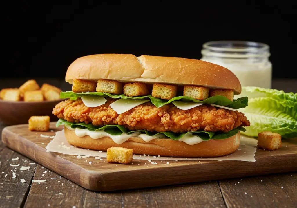 Finished Crispy Chicken Caesar Sandwich on a wooden board, showcasing the crispiness and freshness of ingredients, perfect for a delicious meal.