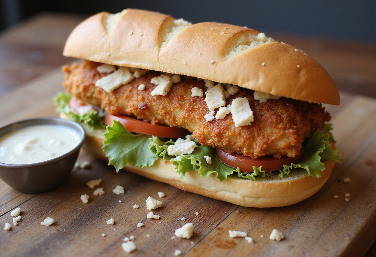 Finished Crispy Chicken Caesar Sandwich on a wooden board, showcasing the crispiness and freshness of ingredients, perfect for a delicious meal.