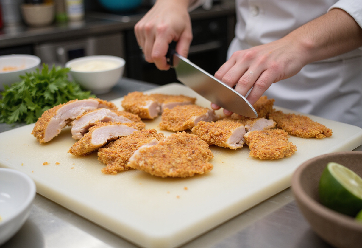 Crispy Chicken preparation in a bright kitchen. Boneless chicken breast strips being cut for a Chicken Caesar Sandwich.