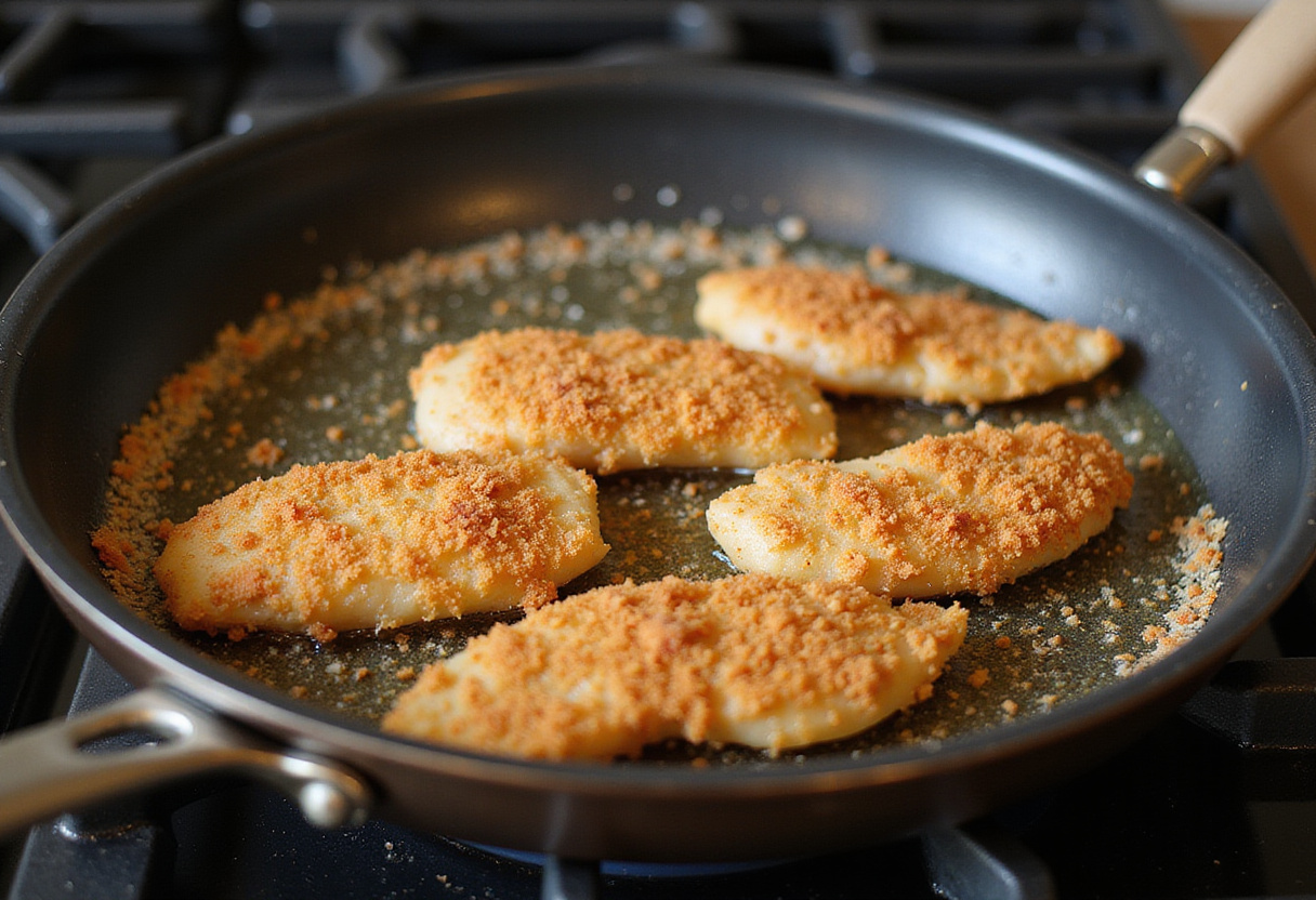 Coating chicken strips in seasoned breadcrumbs for a Crispy Chicken Caesar Sandwich at a cooking station.