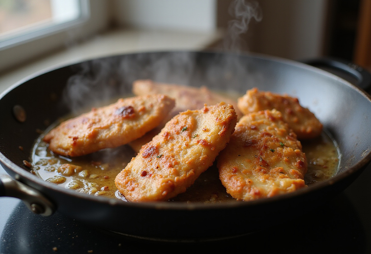 Frying chicken strips until crispy for a Chicken Caesar Sandwich, showcasing the sizzling process in a kitchen.