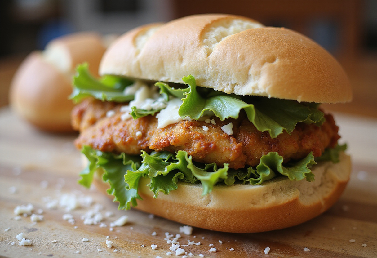 Assembling a Crispy Chicken Caesar Sandwich with fresh ingredients on ciabatta, including romaine lettuce and parmesan.