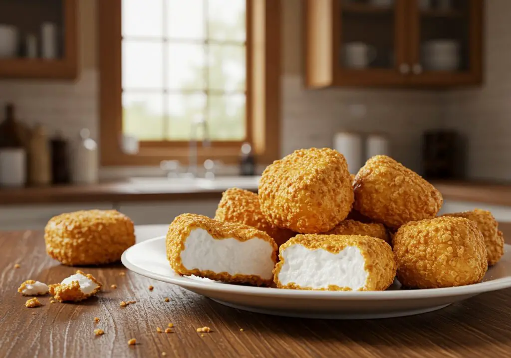 Final presentation of crispy deep fried marshmallows, golden and fluffy, a delectable treat inviting everyone to indulge.