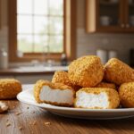 Final presentation of crispy deep fried marshmallows, golden and fluffy, a delectable treat inviting everyone to indulge.