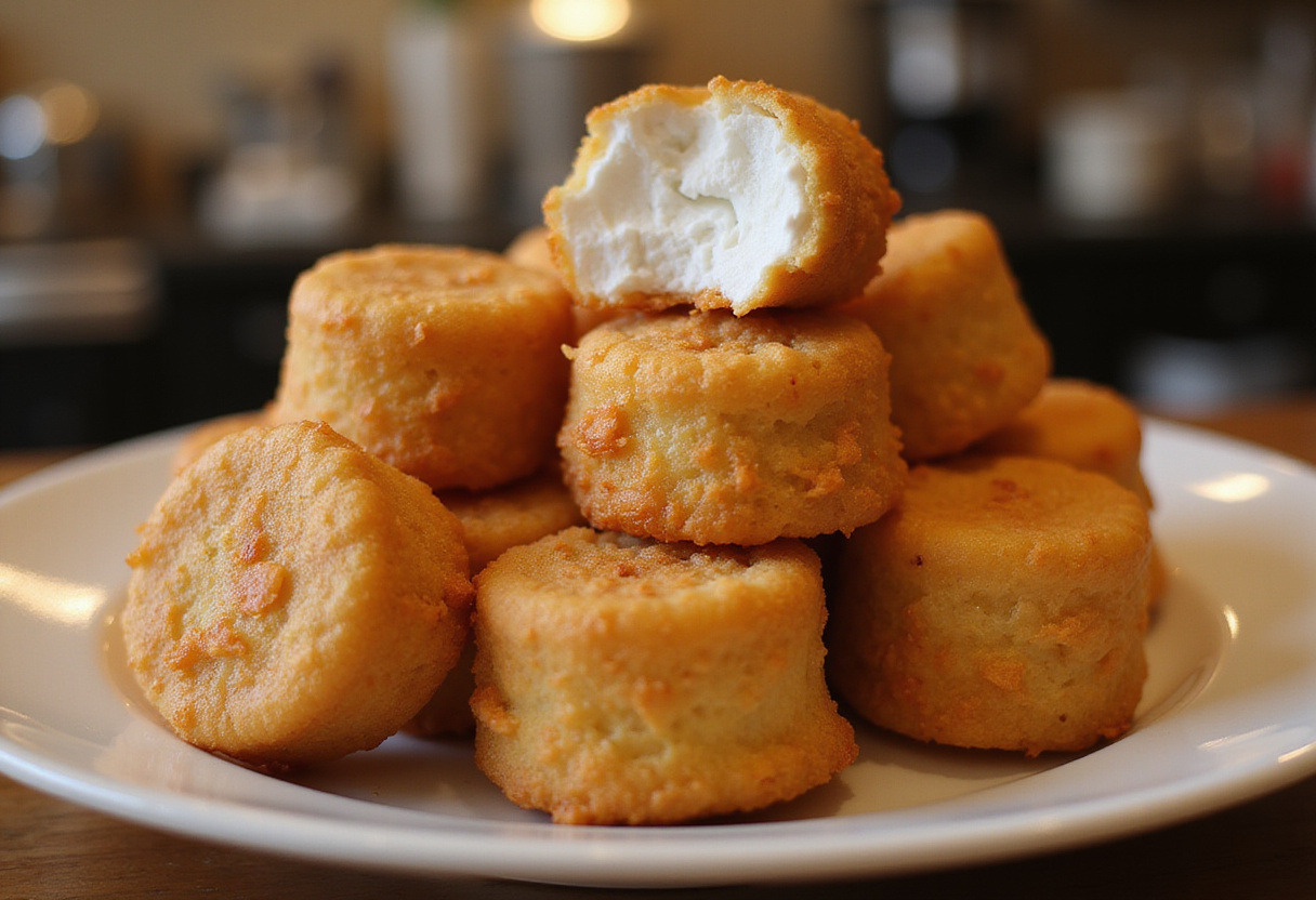 Final presentation of crispy deep fried marshmallows, golden and fluffy, a delectable treat inviting everyone to indulge.