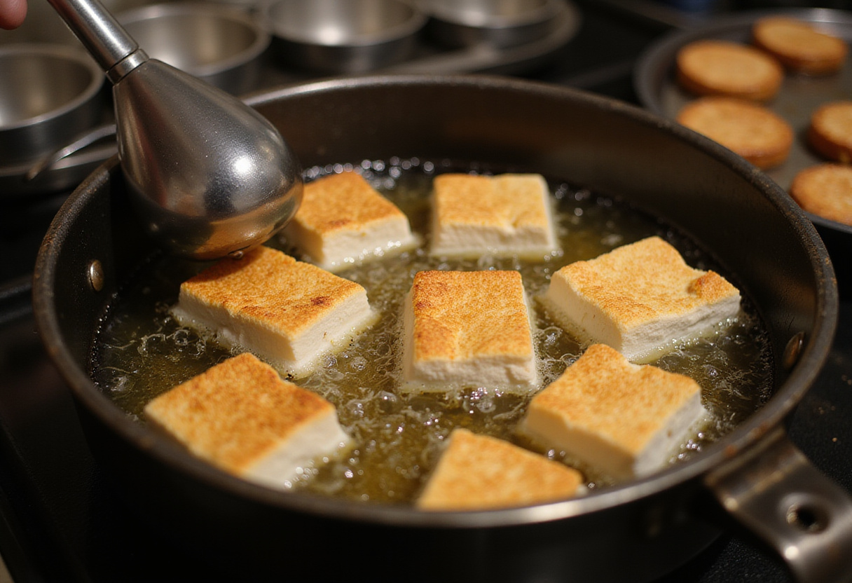 Deep frying golden marshmallows for a crispy outer layer, showcasing the excitement of culinary creativity in a cozy kitchen.