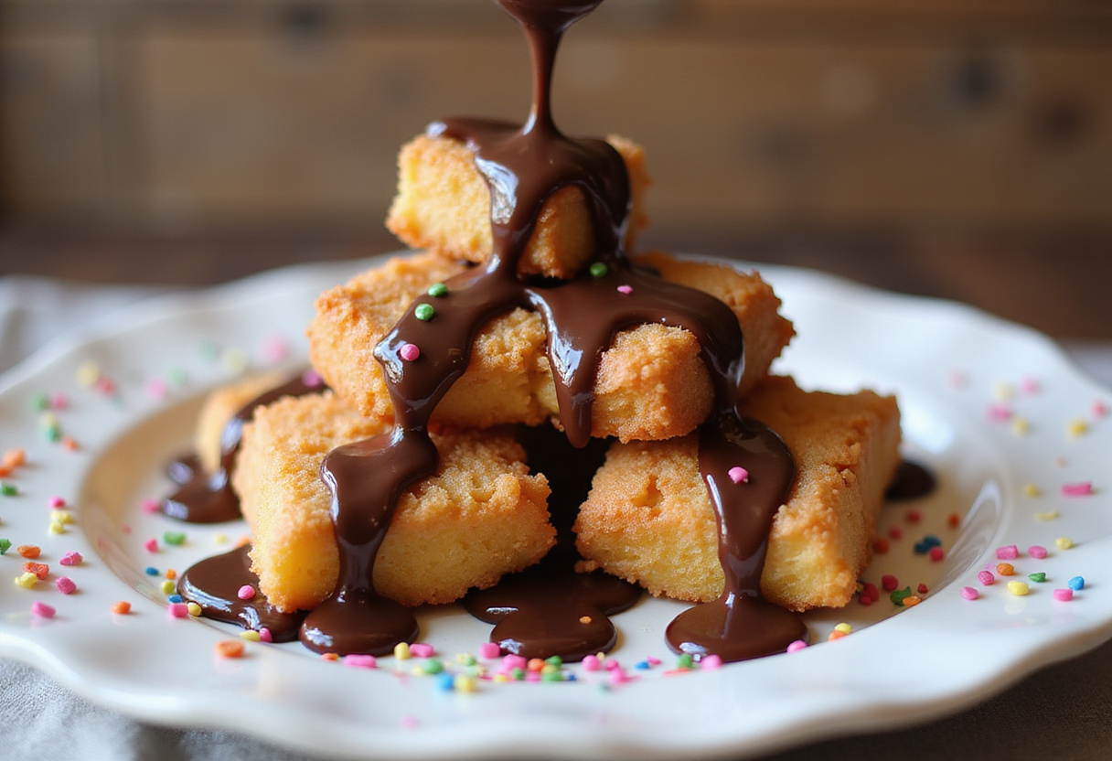 Delicious plate of crispy deep fried marshmallows with chocolate sauce and sprinkles, a visual delight for dessert lovers.