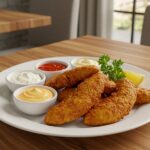 Final presentation of crispy homemade baked chicken tenders on a rustic table, highlighting their delicious appearance for a perfect meal.