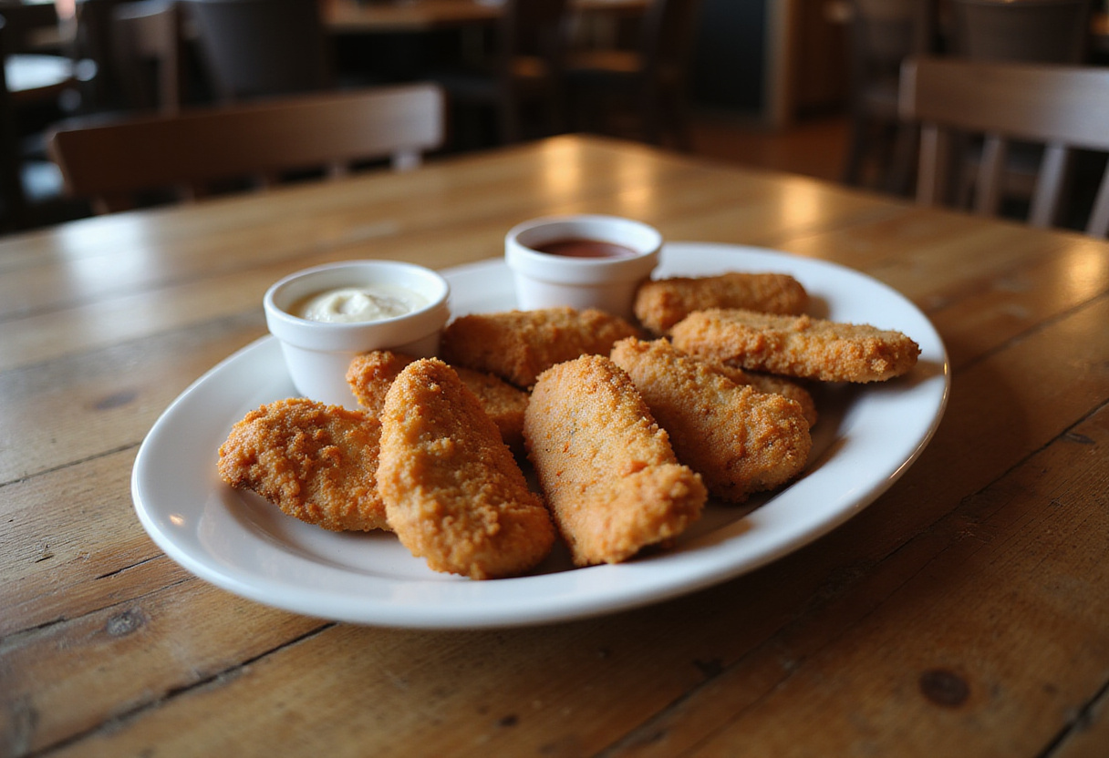 Final presentation of crispy homemade baked chicken tenders on a rustic table, highlighting their delicious appearance for a perfect meal.