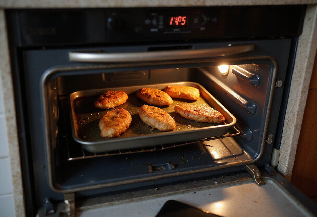 Baking crispy homemade chicken tenders in the oven, showcasing the perfect golden brown color as they cook to perfection.