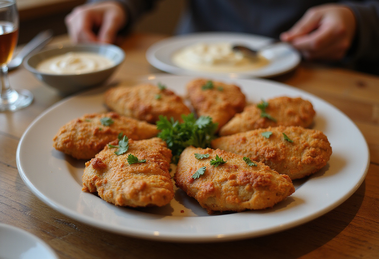 Delicious crispy homemade baked chicken tenders served with dipping sauce, perfect for a family dinner or gathering.