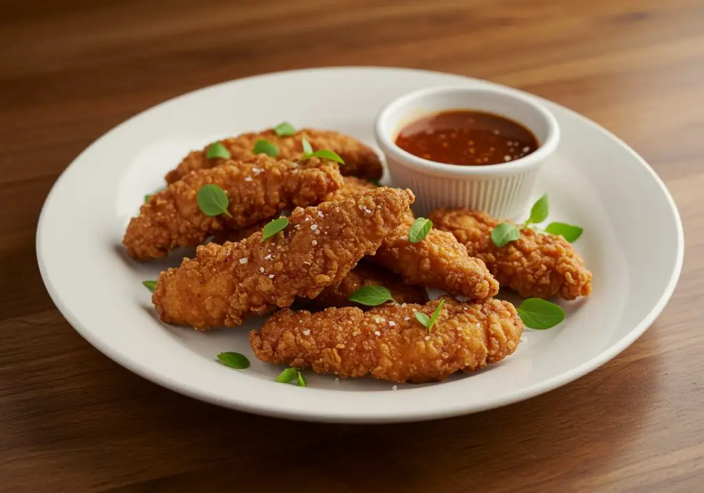 Delicious crispy honey BBQ chicken strips served on a plate, perfectly garnished and ready to enjoy, capturing the essence of sweet and smoky flavors.
