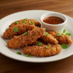 Delicious crispy honey BBQ chicken strips served on a plate, perfectly garnished and ready to enjoy, capturing the essence of sweet and smoky flavors.