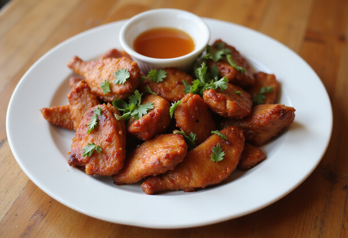 Delicious crispy honey BBQ chicken strips served on a plate, perfectly garnished and ready to enjoy, capturing the essence of sweet and smoky flavors.