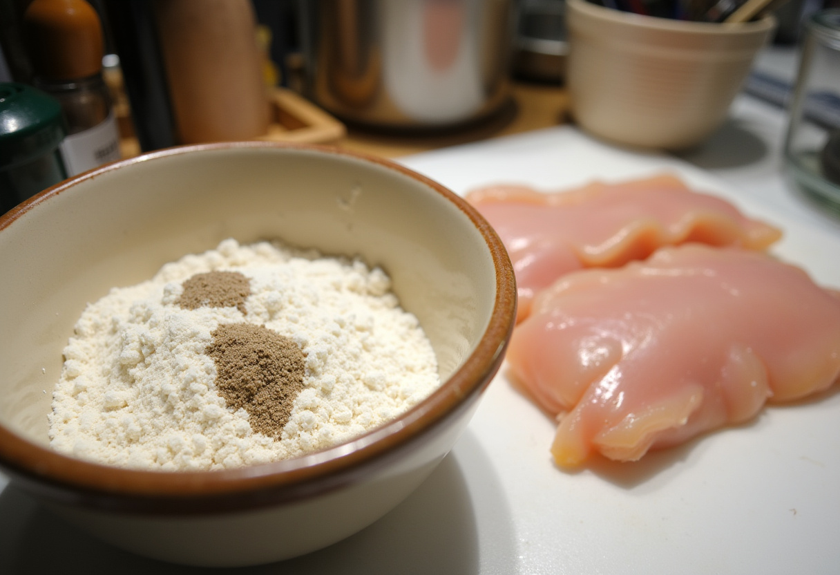 Preparing crispy honey BBQ chicken strips with flour seasoning on the kitchen counter, highlighting the crispy coating process.