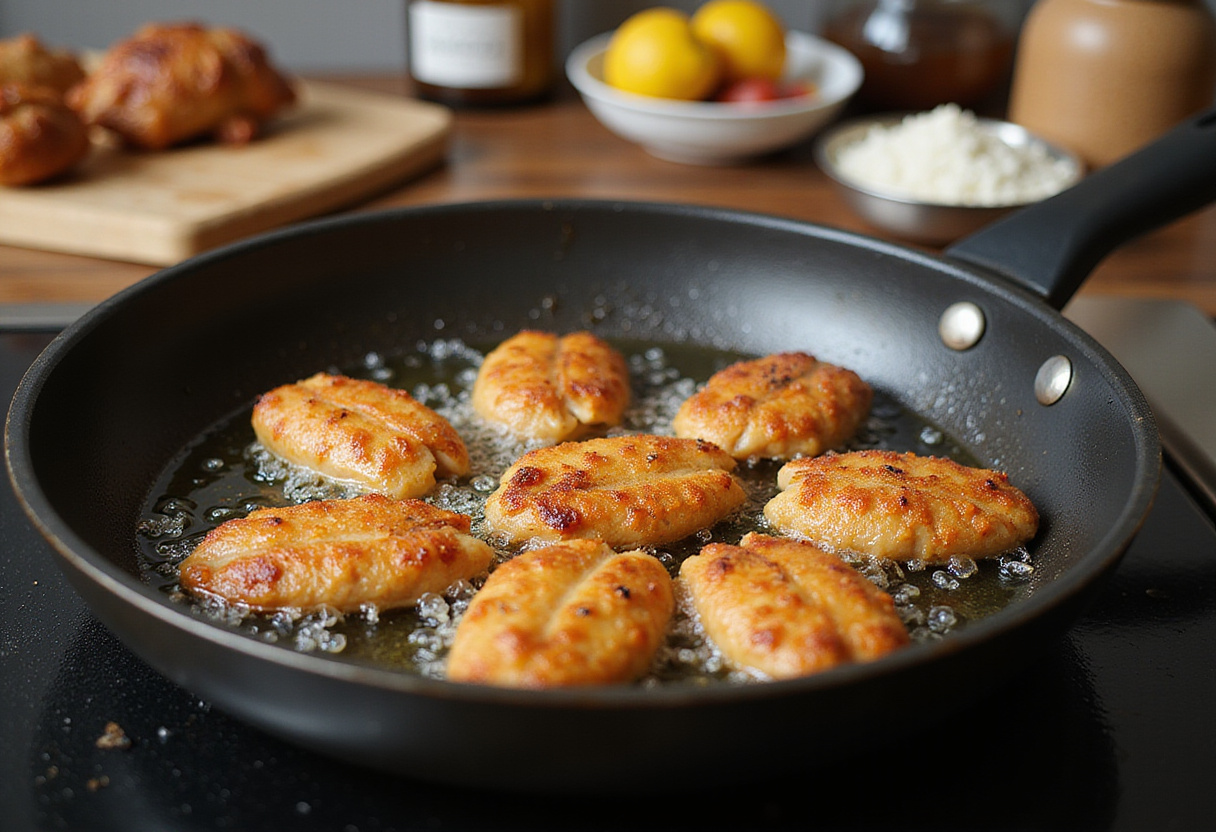 Frying crispy honey BBQ chicken strips in sizzling oil, showcasing the cooking method that ensures a savory and crunchy texture.