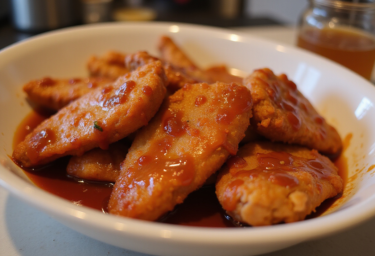 Tossing crispy chicken strips in homemade honey BBQ sauce for a sweet and smoky flavor, highlighting the final preparation steps.