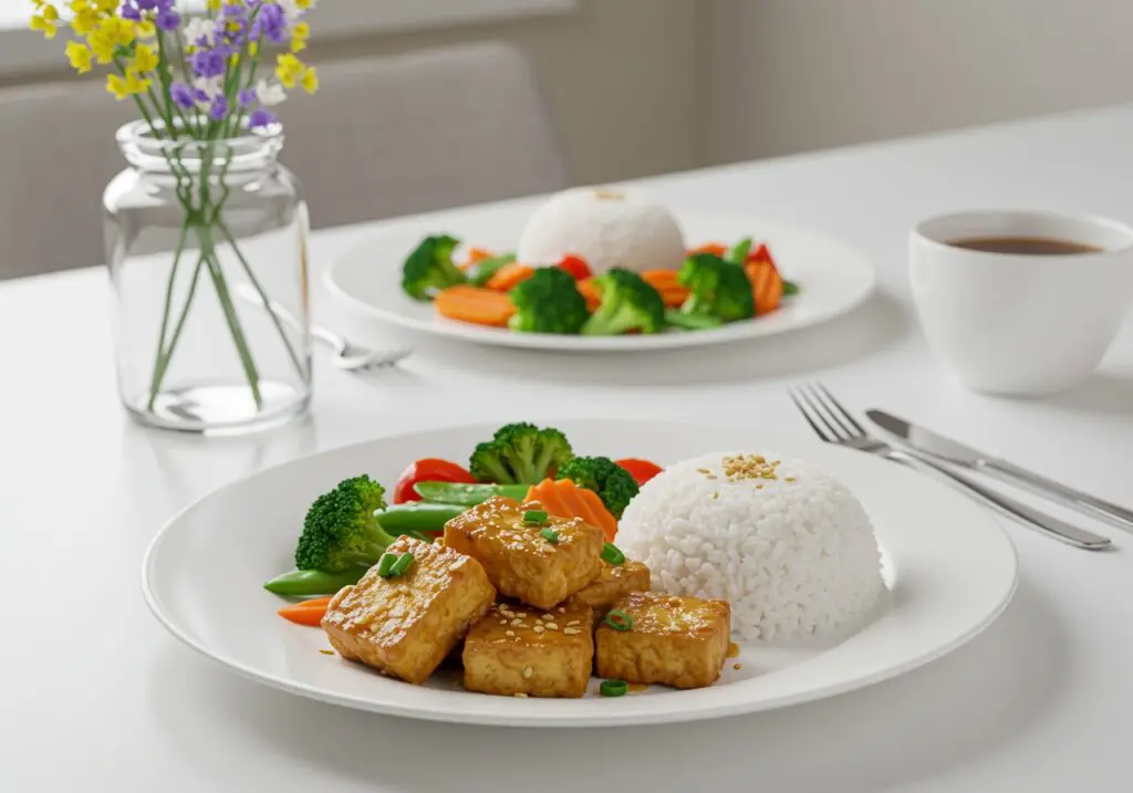 Delicious Crispy Honey Garlic Tofu dish plated elegantly, capturing a mouthwatering presentation perfect for mealtime.