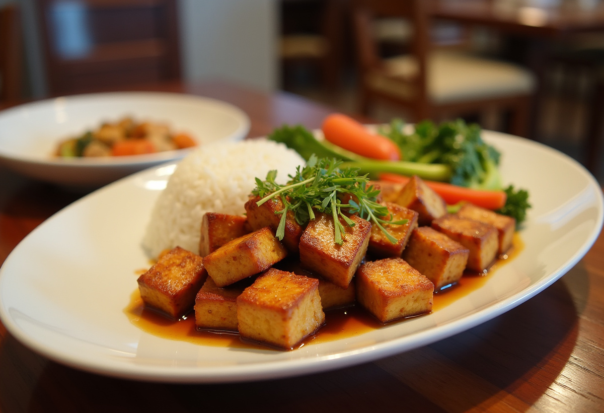 Delicious Crispy Honey Garlic Tofu dish plated elegantly, capturing a mouthwatering presentation perfect for mealtime.
