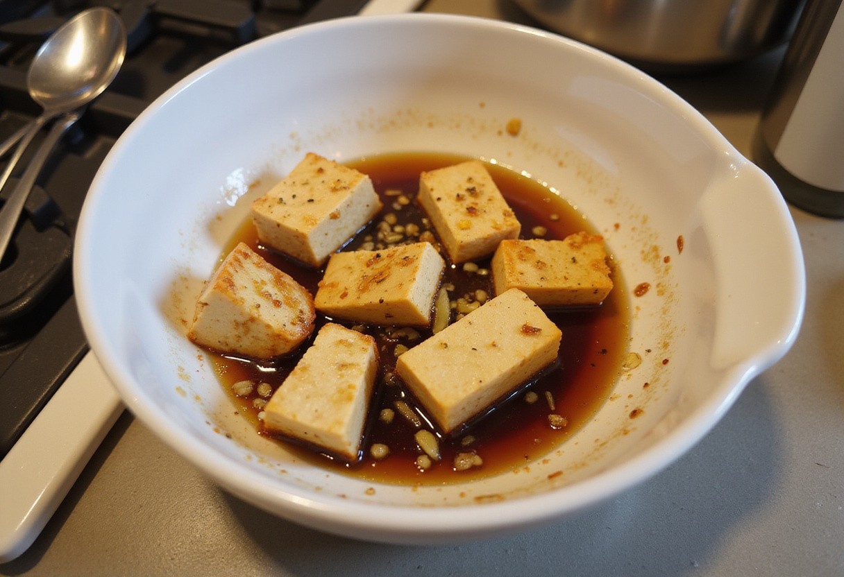 Crispy Honey Garlic Tofu marinating in a savory sauce, showcasing fresh ingredients and a vibrant kitchen scene.