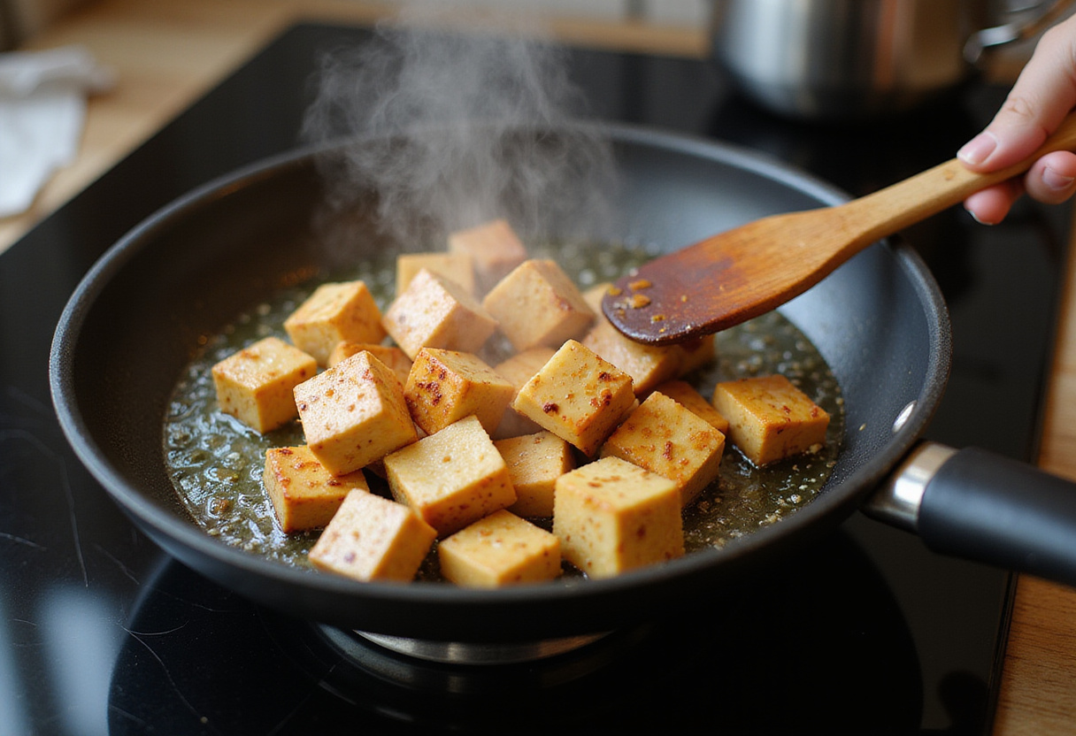 Cooking Crispy Honey Garlic Tofu in a hot skillet, highlighting the delicious tofu sizzling in the oil with aromatic garlic wafting through the air.