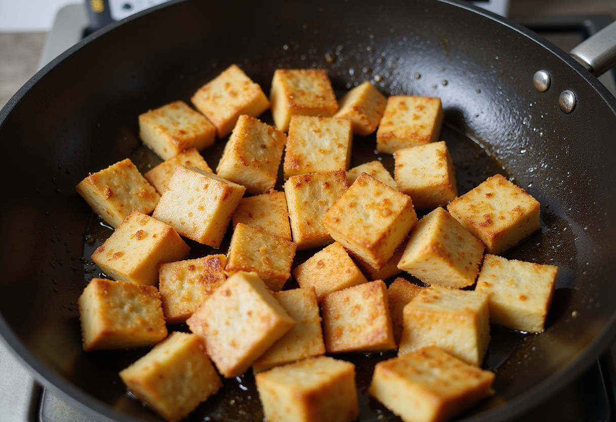 Perfectly caramelized Crispy Honey Garlic Tofu in a frying pan, illustrating the cooking process with a focus on achieving that ideal crunch.